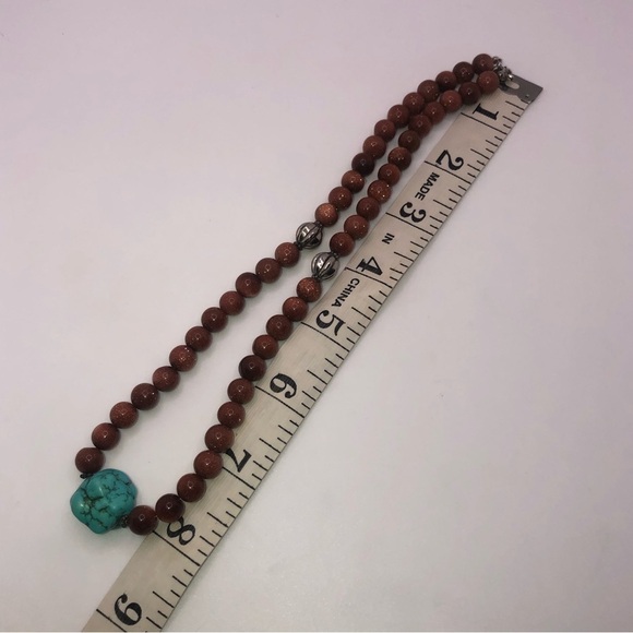 Vtg Sterling Turquoise Chunk & Round Goldstone Bead Necklace 16” - Picture 7 of 7
